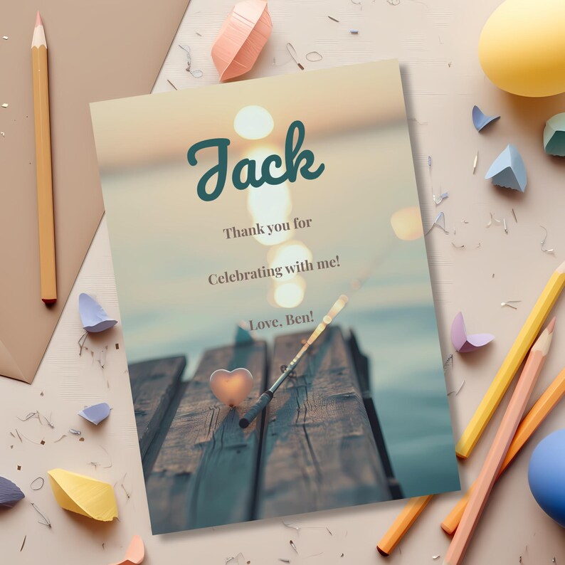 Matching “Ofishally One” thank you card design displayed on a flat surface featuring coordinated fishing-themed coastal style and soft pastel colors.