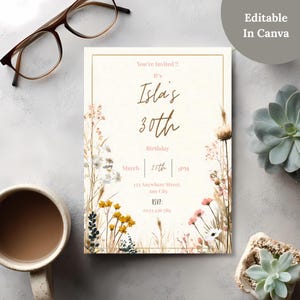 Editable Boho Spring Birthday Invitation, Wildflower Floral Pastel 5x7 Canva Template