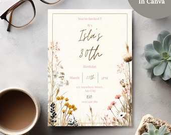 Editable Boho Spring Birthday Invitation, Wildflower Floral Pastel 5x7 Canva Template