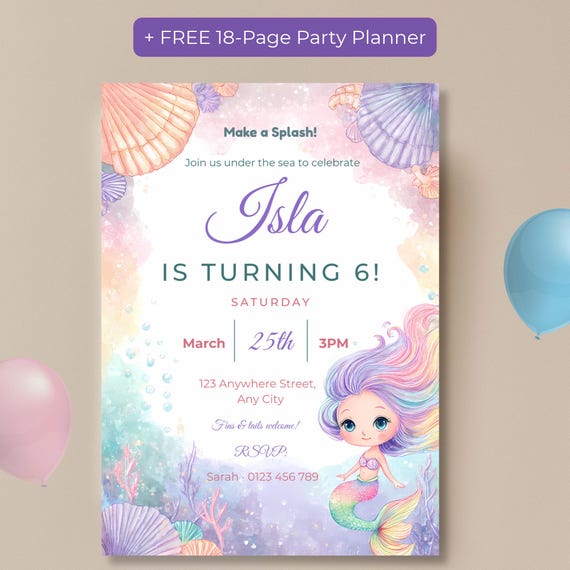 Pastel watercolor mermaid birthday invitation with seashells
