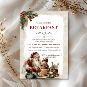 Breakfast with Santa invitation for a family party at home, 5x7 printable with pancakes, cocoa and RSVP details