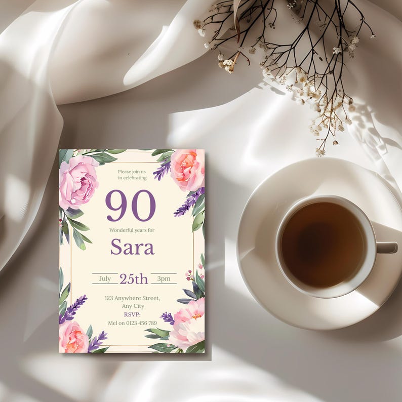 90th Birthday Invitation Editable Template