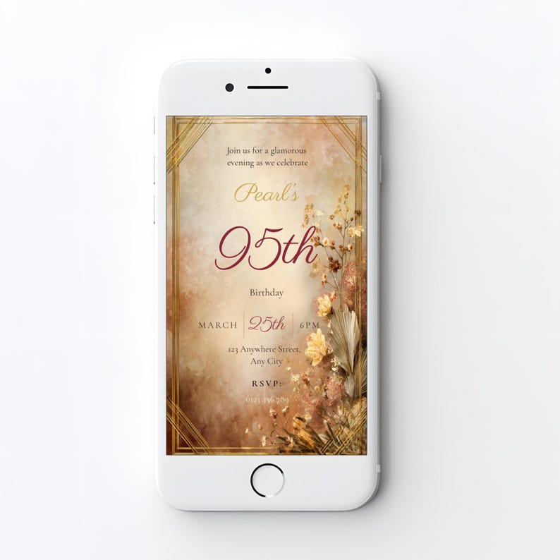 95th birthday invitation template displayed on a white iPhone screen showing the mobile version formatted at 1080x1920px for sharing via WhatsApp, text message or email