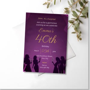 Editable surprise party invitation for her printable purple gold birthday invite 40th 50th 60th Canva template instant download