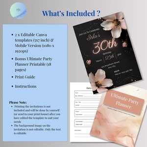 What's included in the birthday invitation template purchase — two editable Canva templates in 5x7 inch and mobile size, free Ultimate Party Planner printable, print guide and instructions