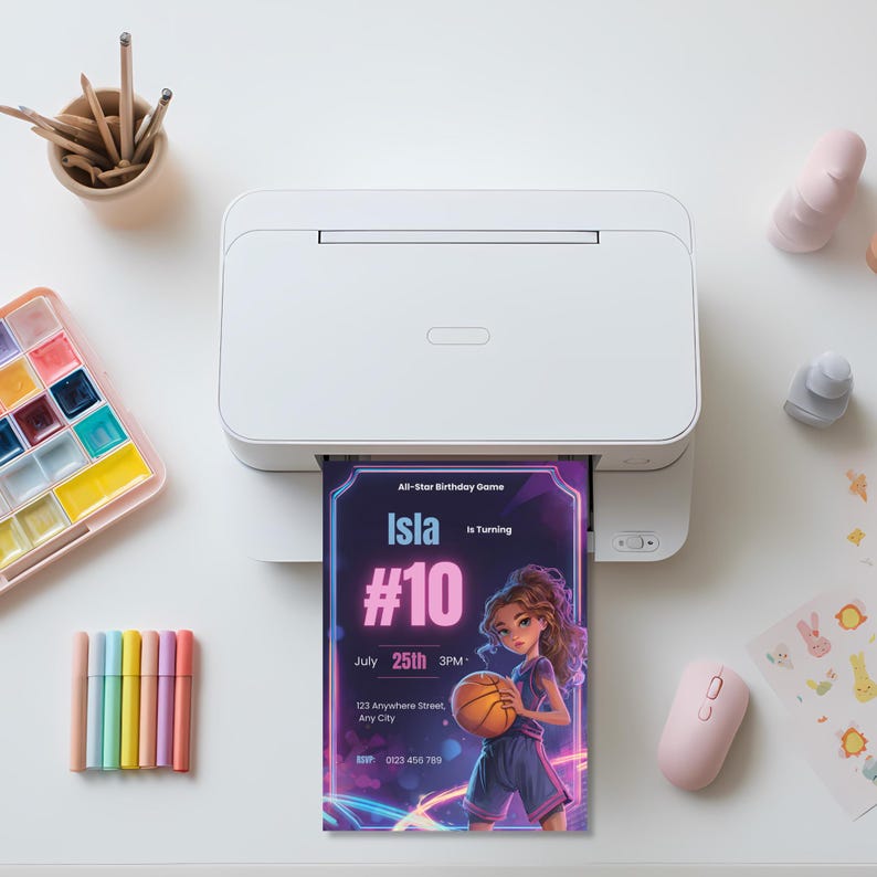 Modern girls basketball invite with stylish female player illustration, perfect for sporty tween birthday party