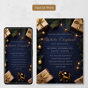 White Elephant invitation in two formats, a phone evite to text guests and a 5x7 printable card, navy and gold Christmas gift exchange invite editable in Canva