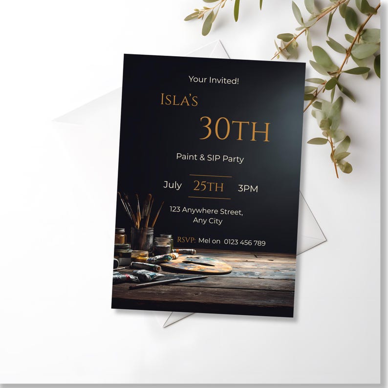 Art Birthday Party Invitation Template Editable Canva Paint and Sip Party Invite Moody Artist Studio Design