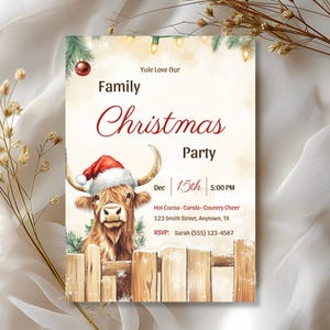 Highland cow invitation edited to read Family Christmas Party, showing the design works for any holiday gathering, on cream silk with dried flowers