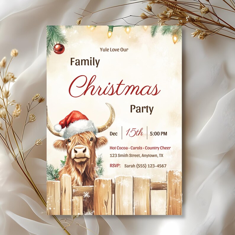 Highland cow invitation edited to read Family Christmas Party, showing the design works for any holiday gathering, on cream silk with dried flowers