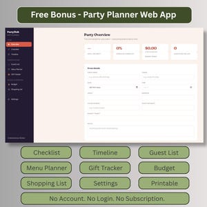 Free bonus party planner web app with checklist, timeline, guest list, menu planner, gift tracker, budget and shopping list, no account needed