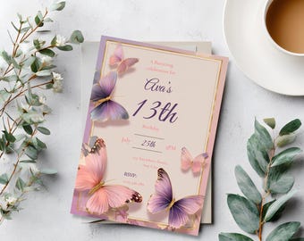 Butterfly Birthday Invitation for Girls, Elegant Pink Purple Floral Invite, Editable Canva Template, Printable Party Invite