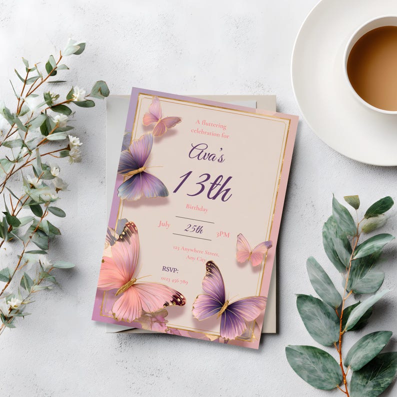Soft pastel butterfly birthday invitation with gold accents on cream background, editable in Canva
