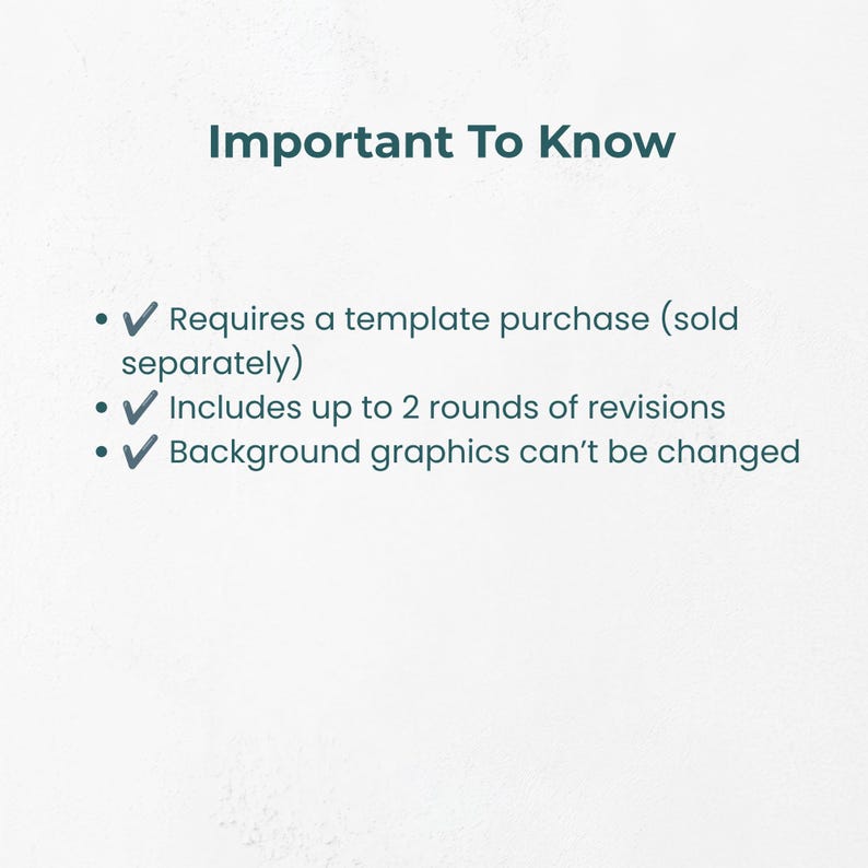 Important to know: this editing add-on requires a template purchase, includes up to 2 rounds of revisions, and background graphics can’t be changed