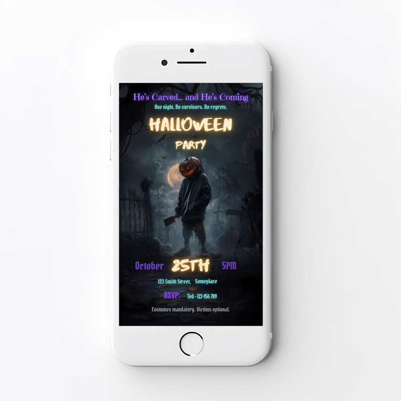 Halloween party invitation displayed on smartphone screen, mobile version 1080x1920px, editable Canva template for sharing via text or social media
