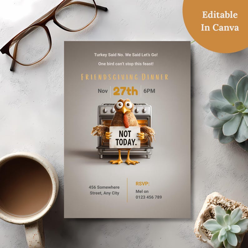 Funny Thanksgiving party invitation card styled on a desk with glasses and coffee, editable in Canva text overlay
