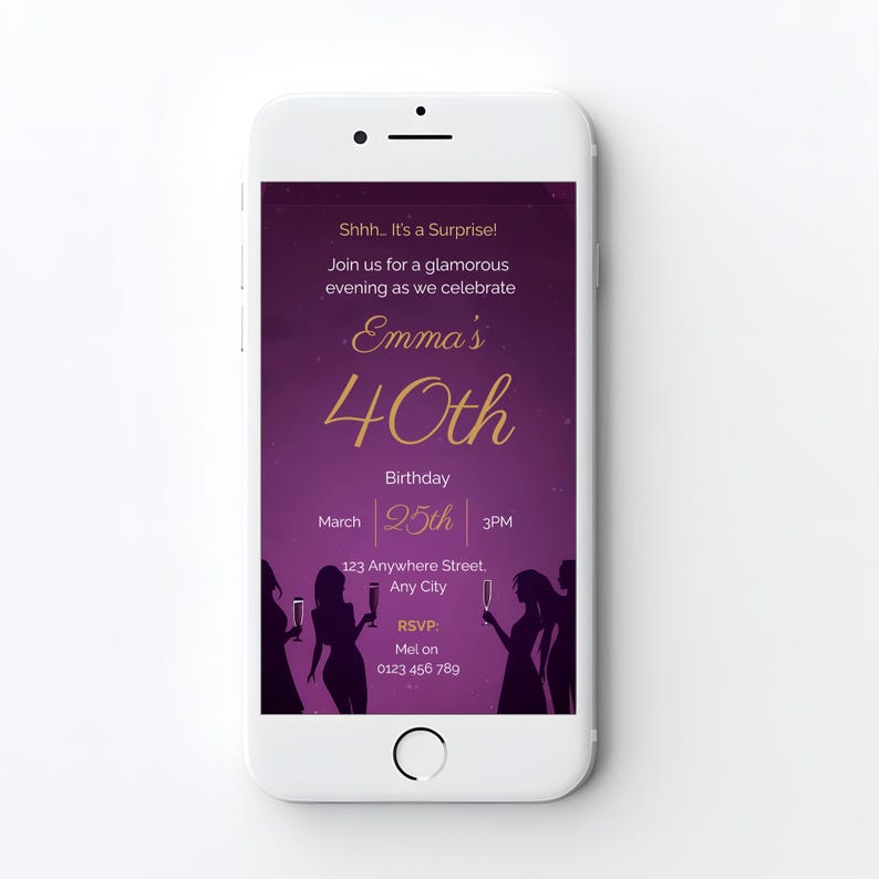 Mobile birthday invitation template 1080x1920 surprise party digital invite send by text WhatsApp editable Canva purple gold