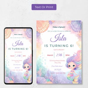 Mermaid birthday invitation shown as a mobile evite on a phone and as a printable 5x7 card, so you can text it or print it.