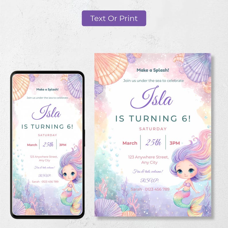 Mermaid birthday invitation shown as a mobile evite on a phone and as a printable 5x7 card, so you can text it or print it.