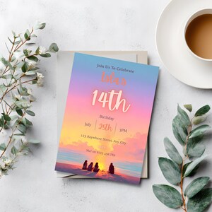 May include: A colorful invitation for a 14th birthday celebration. The design features a sunset beach scene with text that reads "Join Us To Celebrate Isla's 14th Birthday July 25th 3PM". The RSVP details are also included.