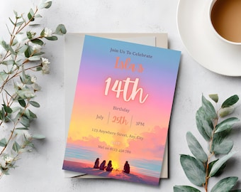 Teen Beach Bonfire Birthday Invitation, Coastal Sunset Party Invite for Girls, Editable Canva Template