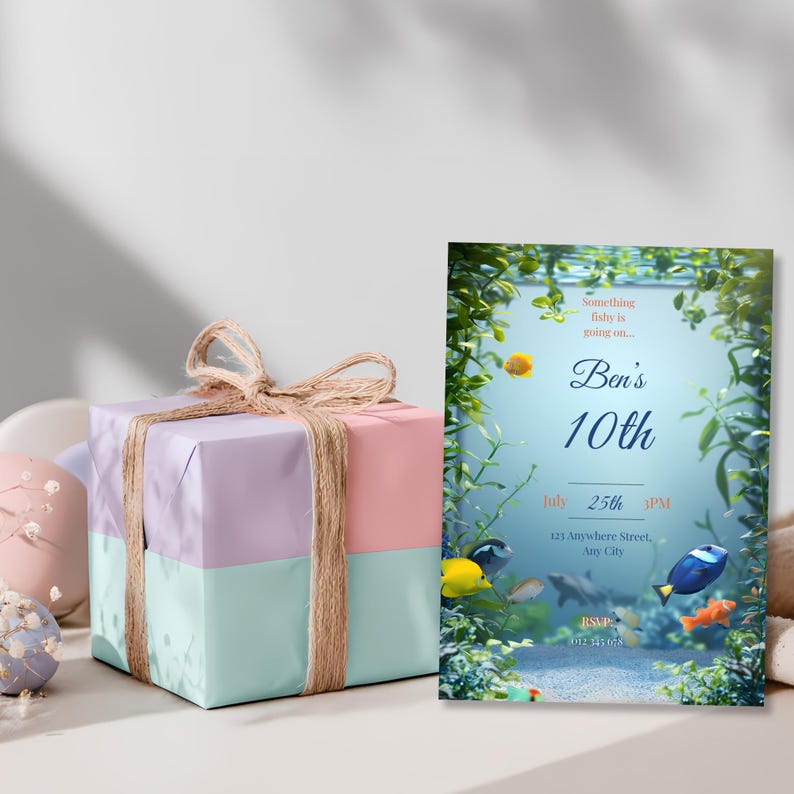 Bright and colorful aquarium birthday invitation featuring vibrant fish, lush aquatic plants, and a clear central space for adding party details, perfect for kids’ under the sea themed birthday parties, editable in Canva and printable.