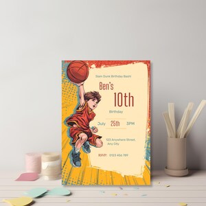 Slam Dunk birthday invitation mockup showing vibrant comic illustration and professional design for kids
