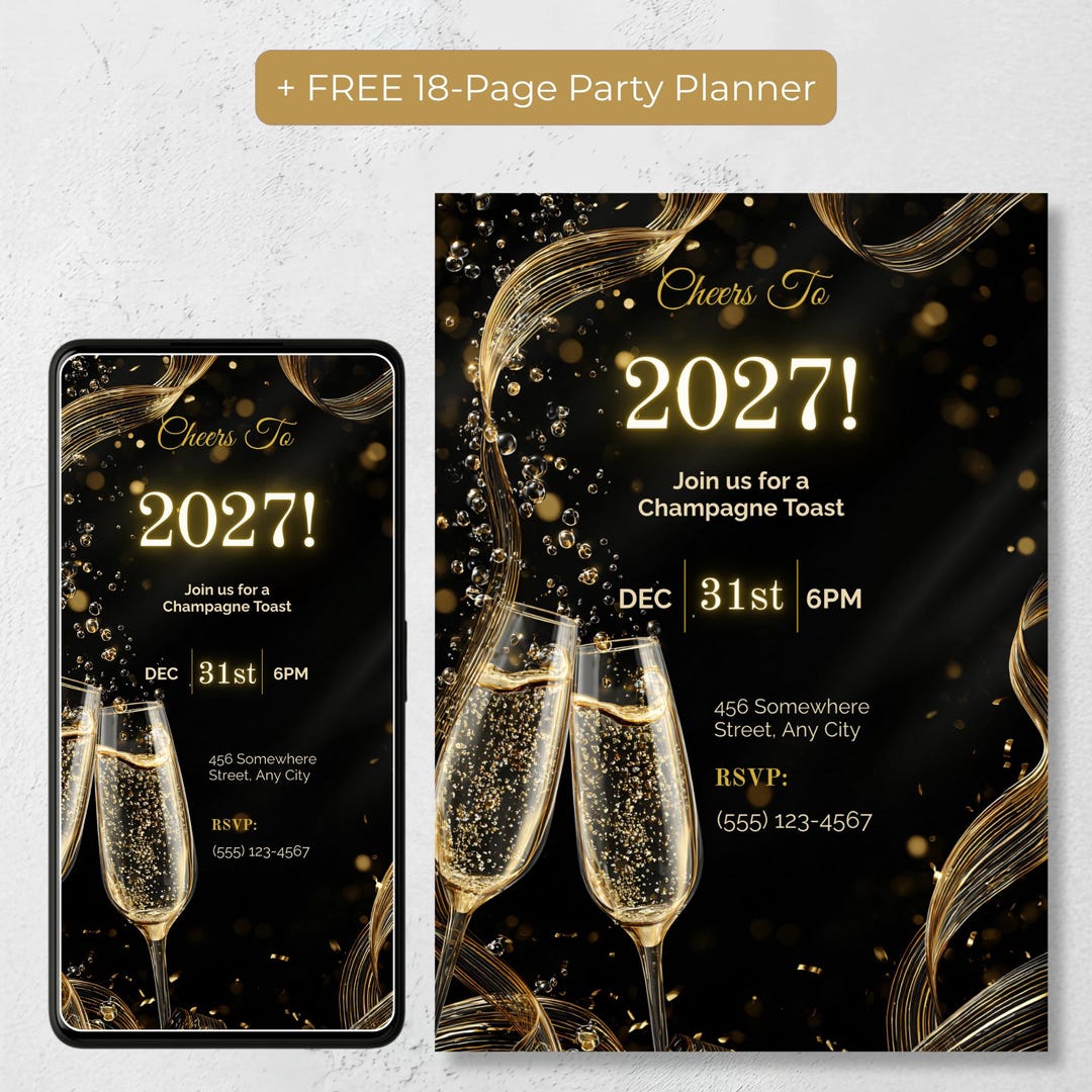 Black and gold Cheers To 2027 champagne toast New Years Eve invitation