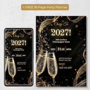 大晦日の招待状、2027年への乾杯 ブラックゴールドシャンパン大晦日パーティー招待状、編集可能なCanvaテキスト招待状 + 無料パーティープランナー