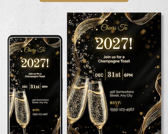 New Years Eve Invitation, Cheers to 2027 Black Gold Champagne NYE Party Invite, Editable Canva Text Invite + Free Party Planner