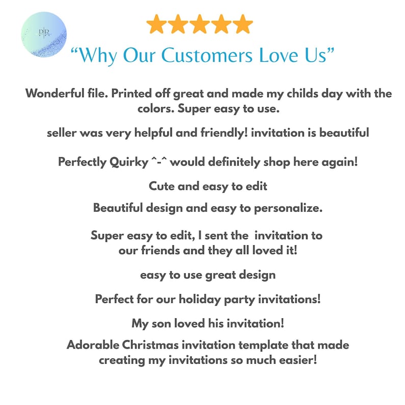 May include: A white background with the text "Why Our Customers Love Us" and customer reviews. The reviews praise the product's ease of use, design, and the seller's helpfulness. A logo is in the upper left corner.