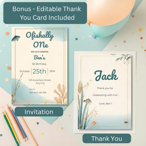 Ofishally One birthday invitation and matching thank you card displayed side by side, both 5x7 editable Canva templates with neutral coastal fishing theme for first birthday party