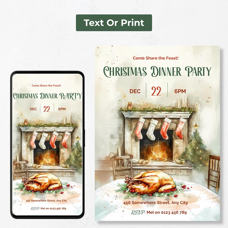Christmas dinner party invitation as a phone evite and printed card