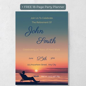 Retirement party invitation for him on white textured background with free 18-page party planner bonus banner, beach sunset male silhouette Canva template, printable instant download