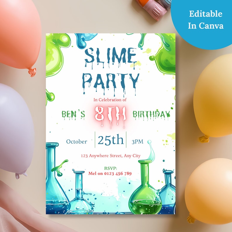 Editable in Canva badge on a slime party invitation template, customizable mad scientist birthday invite for boys
