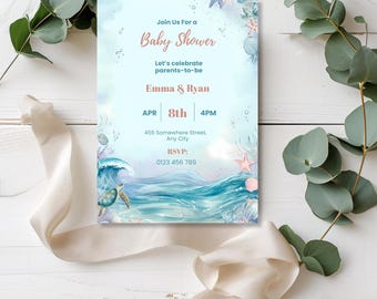 Sea Turtle Baby Shower Invitation Template, Pastel Under the Sea Invite, Editable Canva Ocean Watercolor Baby Shower Invite