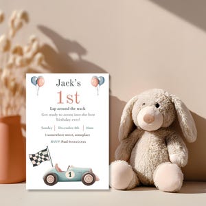 Pastel Race Car 1st Birthday Invitation, Editable Canva Lap Around The Track Template for Kids Party image 5