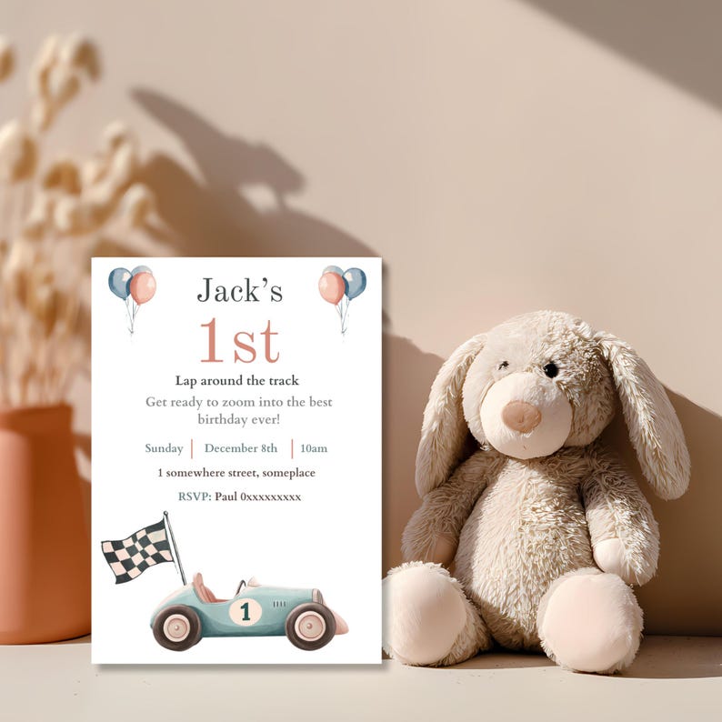 Pastel Race Car 1st Birthday Invitation, Editable Canva Lap Around The Track Template for Kids Party image 5