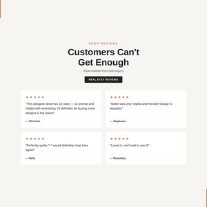 Five star Etsy shop reviews from happy customers praising the invitation templates