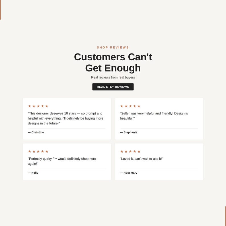 Five star Etsy shop reviews from happy customers praising the invitation templates