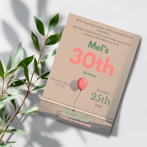 Editable funny adult birthday invitation template with sarcastic wording and sad balloon illustration, styled with eucalyptus leaves