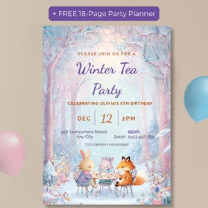 Kids winter tea party invitation with a fox, bunny and kitten having tea in a pastel snowy forest, editable Canva birthday invite with a free 18-page party planner bonus