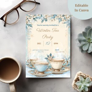 Editable winter tea party invitation template with an 'Editable in Canva' badge, styled with coffee and succulents, elegant blue and gold snowflake design.
