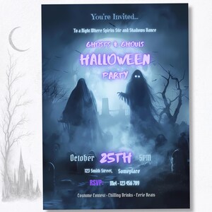 Invite displayed on white background | Spooky Halloween party invitation template, ghost and graveyard digital download, 5x7 print-ready Canva design