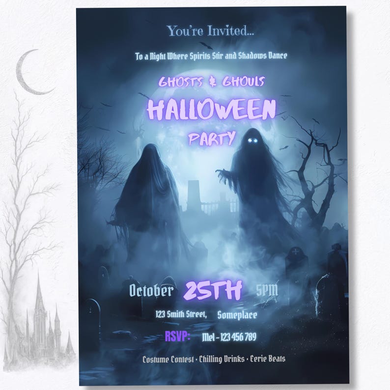 Invite displayed on white background | Spooky Halloween party invitation template, ghost and graveyard digital download, 5x7 print-ready Canva design