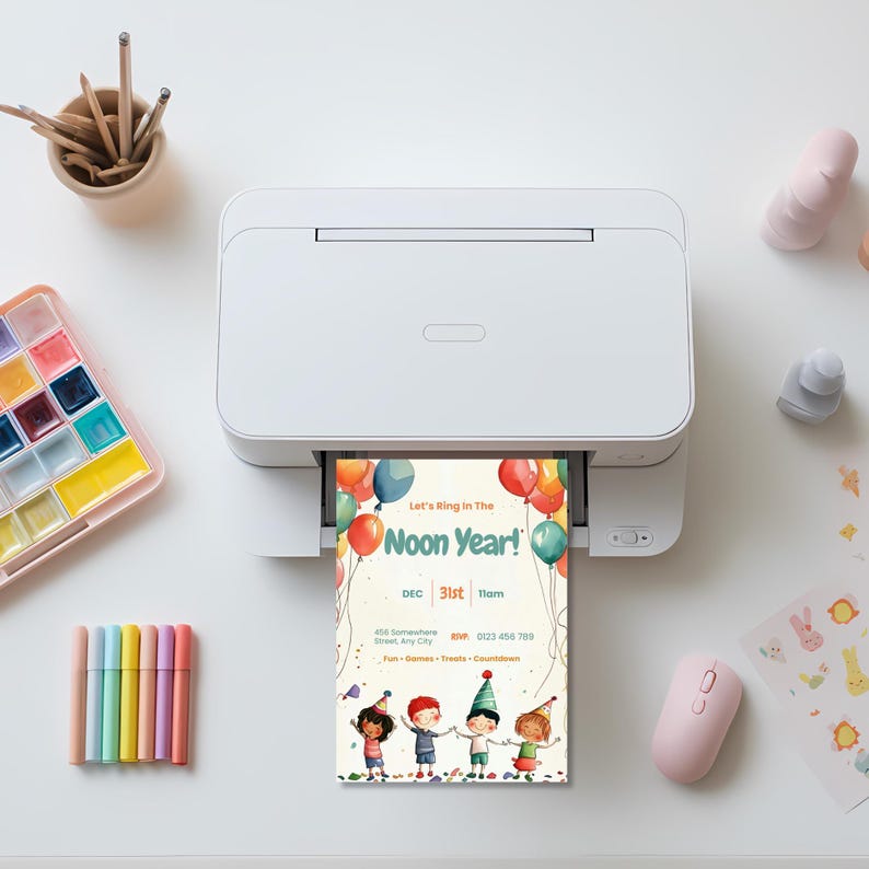 Printable kids New Years Eve party invitation with balloons and party hats coming out of a home printer