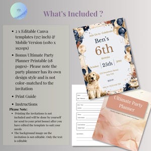 What's included graphic: editable Canva invitation, mobile version, and free 18-page party planner printable