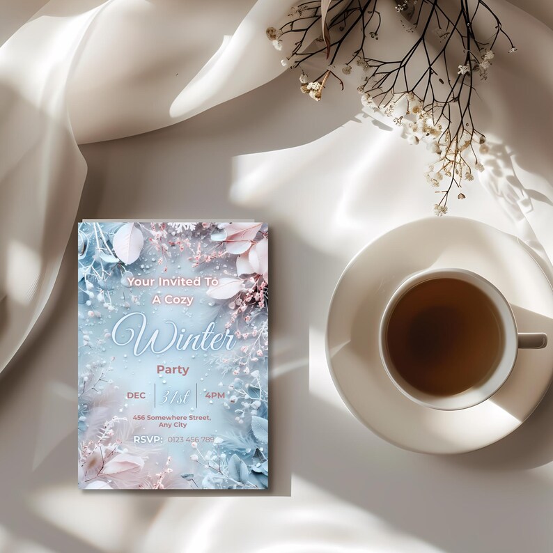 May include: A winter party invitation with a blue and pink floral design, featuring the text "Your Invited To A Cozy Winter Party". A cup of tea on a white saucer is next to the invitation. Delicate white flowers are arranged on the right.