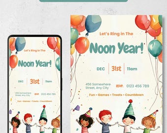 Noon Years Eve Invitation, Kids New Years Eve Party Invite, Editable Canva Noon Year Evite, Printable 5x7 + Phone, Free Party Planner