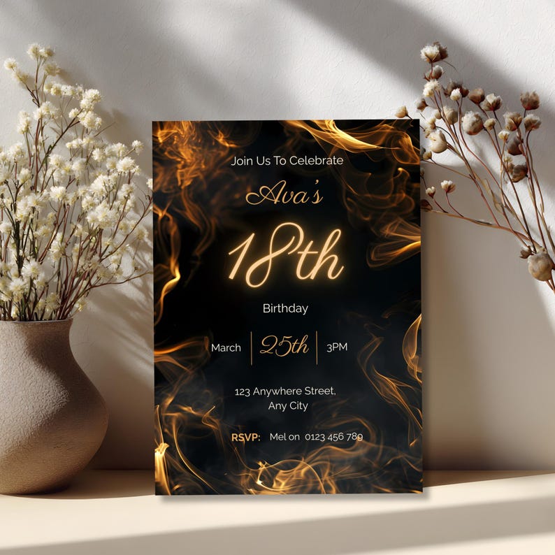 Cinematic black and gold 18th birthday invite styled flat lay with elegant formal party aesthetic